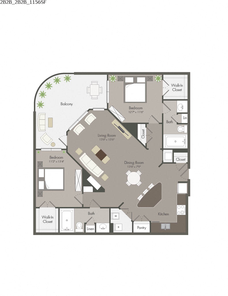 Floor plan for 2 beds, 2 baths, 1156 sqft
